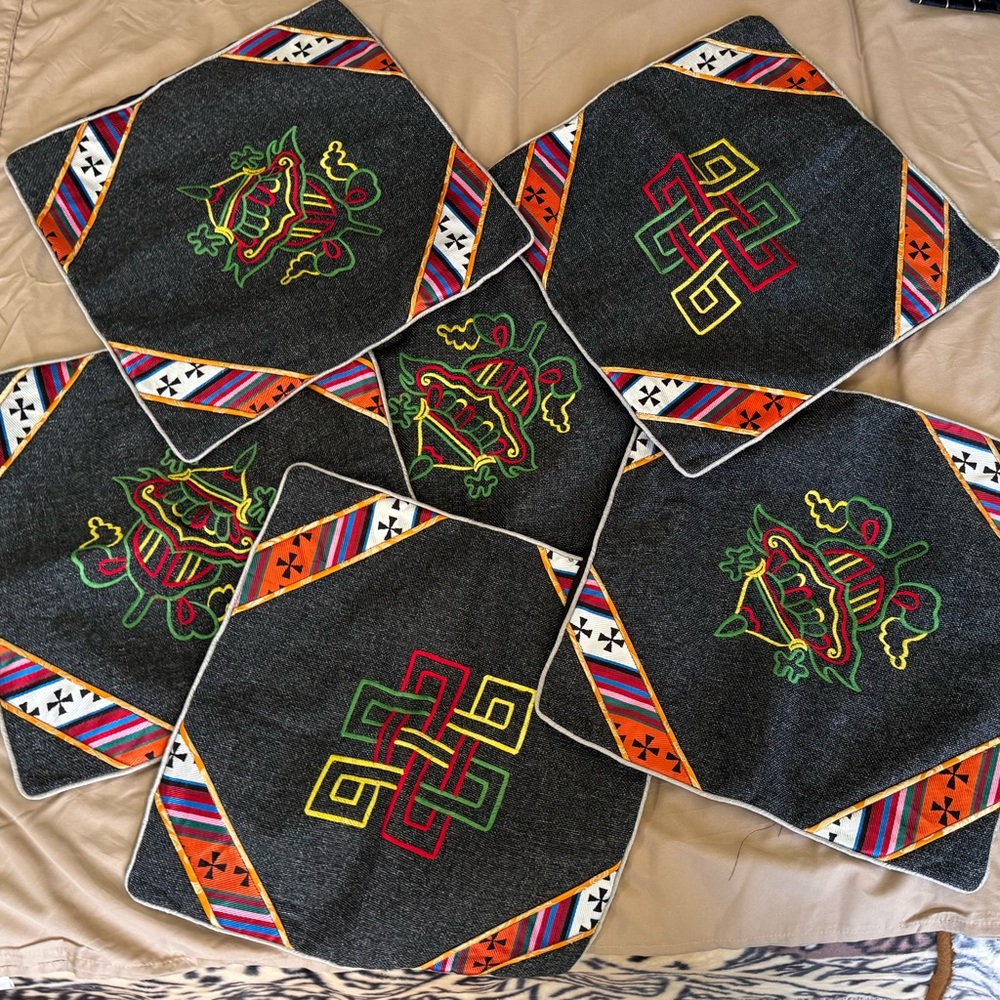 Tibetan Authentic Pillowcases, Geometric Patterned Auspicious, Colorful 6 pieces